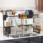 Over The Sink Dish Drying Rack, Adjustable Height and Length 2 Tier Large Dish Rack, Expandable Stainless Steel Dish Drainer Shelf for Kitchen Counter Organizer Space Saver with 6 Hooks(Fit 99% Sink)