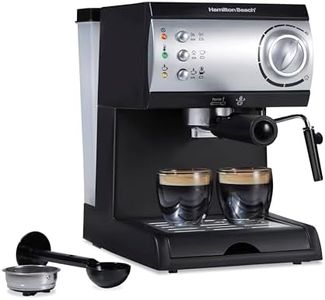 Hamilton Beach 15 Bar Espresso Machine, Cappuccino, Mocha, & Latte Maker, with Milk Frother, Make 2 Cups Simultaneously, Works with Pods or Ground Coffee, 50 oz. Water Reservoir, Black