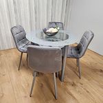 KOSY KOALA Round Glass Grey Kitchen Dining Table With Storage Shelf And 4 Grey Tufted Velvet Chairs Kitchen Dining Set