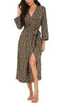 PrinStory Women Kimono Robes Long Knit Bathrobe Soft Womens Dressing Gowns V-Neck Sleepwear Casual Ladies Loungewear (Flower Print Leopard Khaki, L)