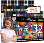Jim&Gloria Bulk Face Painting Kit - 32 Metallic, Neon, and Classic Colors + Makeup Brush. Skin-Safe Washable, Professional Body Paint Crayon Set. Perfect for Crafts, Toys, Easter, and Gifts for Kids