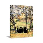 Roslynity Framed Funny Black Cat Wall Art Canvas Print Artwork Cat Lover Poster Gift Cute Aesthetic Cezanne Trees Houses Ready to Hang for Living Room Bathroom Bedroom Decor (12"x16" FRAMED)