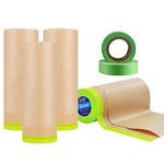 Wonninek Pre-Taped Masking Film, 4 Rolls Unfold 12" x 50ft Tape and Drape, Automotive Painters Masking Tape Film, Kraft Paper Sheeting Cover for Appliance and Furniture