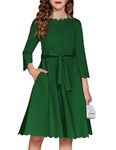 Arshiner Girls Dresses 3/4 Sleeve Zipper Back Cute Scallop Trim Belted Tea Party Dress with Pockets（Green，8-9Years）