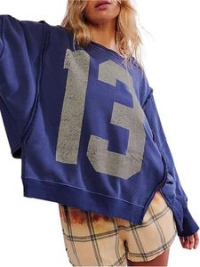 utcoco Oversized Sweatshirt for Women Letter Graphic Crew Neck Long Sleeve Shirts Fashion Hoodies Tops, Navy 13, Small