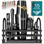 BARE BARREL® 14-Piece Jet Black/Black Cocktail Making Kit | Bartender Kit Cocktail Shaker Set Maker with 800ml Boston Shaker, Bamboo-Metallic Organiser Stand & 35 Recipe Cards
