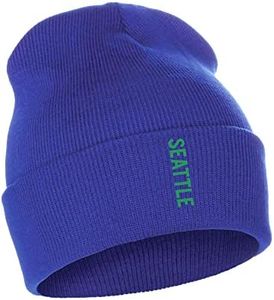 Daxton Vertical USA Cities Cuffed Beanie Winter Knit Hat Skully Cap, Seattle Royal Kelly