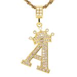 UALGL A-Z Letters Necklace Crown Necklace for Men Women 18K Gold Plated Letters Pendants with 23'' Chain Hip Hop Alphabet Name Jewelry Mom Gifts, Copper, Gold Plated, Cubic Zirconia