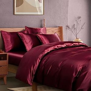 Manyshofu 6Pcs Maroon Duvet Cover Cal King Size Set with Satin Fitted Sheet - Not Comforter, Silky Comforter Cover Set Satin Duvet Cover Bed Sheets (4 Pillowcases, 1 Duvet Cover, 1 Fitted Sheet)