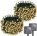 Solar String Lights Outdoor Waterproof 2PK 200LED 66FT Twinkle Lights Auto On/Off Solar Powered LED Fairy Light Green Wire with 8 Modes for Christmas Tree Party Wedding Garden Decoration (Warm White)