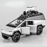 Cocoblinc 1 24 Tesla Camping Pickup (with Motorcycle) Model Sports Car Alloy Metal Pull Back Diecast Metal Toy Car with Openable Doors & Light Music Toys for Kids (Silver)