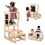 Toddler Tower Kitchen Stool Helper, Kitchen Step Stool for Toddlers, 4-in-1 Montessori Foldable Toddler Learning Wooden Tower with Chalkboard, Toddler Desk and Chair All in One