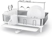 simplehuman Kitchen Dish Drying Rack With Swivel Spout, Fingerprint-Proof Stainless Steel Frame, White Plastic, 2022 Model