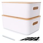 Bienvoun 13L 2 Pack Storage Box with Wood Lid Plastic Storage Boxes Stackable Storage Baskets for Shelves Bathroom Kitchen Organiser White, 38 x 27 x 15 cm