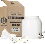 Humble House SAUERKROCK TAP Kombucha Crock with Stainless Steel Spigot and Cotton Cloth Cover - 5 Liter (1.3 Gallon) Ceramic Water Dispenser Kombucha Jar in Natural White for Continuous Brewing