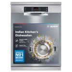 Bosch 15 Place Setting (fits up to 80 utensils) Free-Standing Dishwasher for Indian Utensils | Hygiene+ & Intensive Kadhai Program (SMS46KI03I, Silver Inox, Inbuilt Heater, Removes 99.9% Germs)
