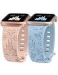 Girovo 2 Packs Cartoon Engraved Bands Compatible with Apple Watch Band 40mm 38mm 41mm 42mm Women, Cute Anime Designer Soft Silicone Strap for iWatch Bands Series 10/9/8/7/6/5/4/3/2/1/SE/SE2, Pink/Blue