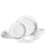 MATANA 150 Pcs White Plastic Tableware Set with Silver Lace Border - 50 Dinner Plates, 50 Side Plates, 50 Bowls - Elegant & Reusable Dinnerware for Parties, Wedding, Birthday, Picnic