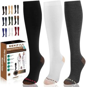 NEWZILL 3 Pairs Copper Compression Socks for Women & Men 15-20mmHg Cotton Rich Odor Control Stocking for Business Casual Running Medical Athletic Support, Edema Diabetic Relief Black White Gray L/XL
