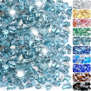 RUOJAS 20 Pounds Fire Glass 1/2 Inch High Reflective Tempered Firepit Glass Rocks for Fireplace, Fire Pit Table, Fire Bowl and Landscaping (Aqua Blue)