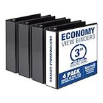 Samsill Economy 3 Inch 3 Ring Binder, Made in The USA, Round Ring Binder, Customizable Clear View Cover, Black, 4 Pack (MP48580)