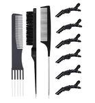 3 Pieces Teasing Combs Hair Brush Set Black Carbon Lift Teasing Comb with Metal Prong Triple Pin Rat Tail Comb Nylon Bristle Teasing Brush with 6 Pieces Alligator Hair Clips for Women Hair Salon Tools