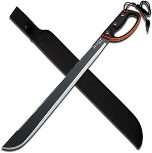 Jungle Master – Machete w/ Reverse Serrations – Black/Satin Blade, Full Tang, Black/Orange Rubberized Nylon Fiber Handle, Nylon Sheath, Outdoor, Hunt, Camp, Hike, Survival, JM-024L