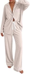 LILLUSORY Women's Long Sleeve Pajama Set - Soft Button-Down Top & Comfortable Drawstring Pants with Pockets Apricot S