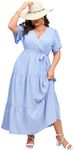 KOJOOIN Women Plus Size V Neck Wrap Maxi Dress High Waist Ruffle Short Sleeves Casual Summer Dress with Belt, Light Blue, X-Large