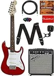 Fender Squier Short Scale Strat Pack with Amp, Cable, Tuner, Strap, Picks, Lessons, DVD - Transparent Red
