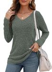 WNEEDU Long Sleeve Shirts for Women Lightweight V Neck Sweaters Casual Loose Tunic Tops Light Dark Green M