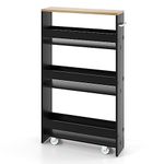 IFANNY Slim Storage Cart, 4-Tier Rolling Cart with Handle, Laundry Cart Between Washer and Dryer, Wood Spice Rack Next to Fridge, Narrow Shelving Unit for Kitchen, Bathroom, Small Spaces