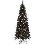 Goplus 6ft Black Pencil Christmas Tree, Pre-lit Artificial Halloween Tree w/ 300 Warm White Lights, 618 PVC Branch Tips and Metal Base, Hinged Slim Pine Tree for Holiday Carnival Party Decoration