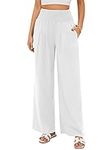 Famulily Palazzo Pants for Womens Cotton Linen Casual Comfy Beach Loose High Waist Smocked Long Trousers Elastic Wide Leg Summer Pants White M