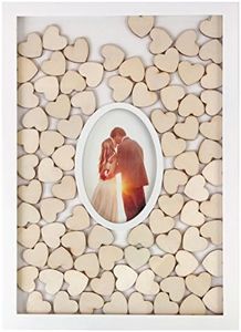 Spetebo Libro de visitas de boda con marco de fotos y 72 corazones de madera en los que escribir