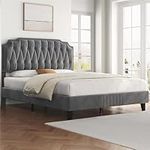 Yaheetech 5ft King Bed Frame Upholstered Platform Bed with Adjustable Button Tufted Headboard/Velvet Fabric/Sturdy Wooden Slat Support/No Box Spring Needed, Dark Grey King Bed