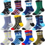 Welwoos Baby Boys Grips Socks Kids Toddlers Infants Non Slip Anti Skid Funny Animal Cartoon Gift Cotton Socks with Grippers 12 Pairs Stocking Stuffers (Dinosaur/Cars/Shark,3-5 Y)