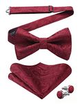 HISDERN Bow Tie Pre tied Mens Burgundy Paisley Bow Ties & Pocket Square Set with Cufflinks Red Bow-tie Handkerchief Wedding Party Christmas Gifts Men,Burgundy