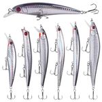 Saltwater Fishing Lures Kit, 6pcs Bass Lures Minnow Lures Deep Diving Jerkbait Crankbait Topwater Popper Plugs Hard Baits with Treble Hooks for Inshore Offshore Ocean Deep Sea Fishing