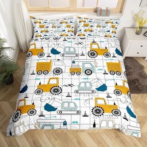 Construction Bedding Set Full Size Kids Excavator Tractor Toddler Comforter Cover Set Cartoon Car Equipment Trucks Plaid Grid Duvet Cover Construction Vehicles White Yellow Bedspread Cover