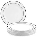 MATANA 25 Premium White Plastic Dinner Plates with Black Rim, 26cm / 10 Inch - Elegant & Reusable Party Plates for Weddings, Birthdays, Picnic, BBQ, Parties