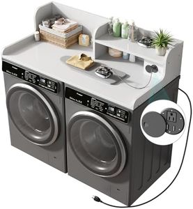 DTK Washer Dryer Countertop with Charging Station, 2 Tier Laundry Countertop with Anti-Slip Strips, 27.55" Depth x 54" Width, Wood Dryer Cover with Shelf,White (White)