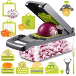 Vegetable Chopper with 7 Blades Used as Onion Chopper, Bell Pepper, Celery, Potato Diced and Carrot Slicer (Grey+Green)