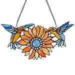Capulina Stained Glass Window Hangings, Handmade Tiffany Art Style Sunflower and Birds Window Panel for Window and Glass Door
