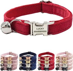 PETDURO Personalized Velvet Cat Collars with Bells & Name Engraved Metal Buckle Customized for Cute Girl Cats and Boy Cats (Small, Red Velvet Silver Buckle)