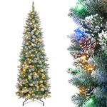 Homde Pencil Christmas Tree 6 Foot Pre-Lit Artificial Christmas Tree with Flocked Snow Pine Cone 170 Warm White Lights Holiday Decor