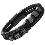 COOLSTEELANDBEYOND Mens Double-Row Braided Leather Bracelet Bangle Wristband with Stainless Steel Ornaments, 8.27 inches, Leather, not-applicable