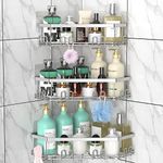 STEUGO Corner Shower Caddy, Shower Organizer Corner Shower Shelf with 12 Hooks,3-Pack Adhesive Stainless Steel Shower Shelves for Bathroom Storage，No Drilling Wall Mounted Shower Rack (Silver)