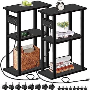 TUTOTAK Small Narrow Side Table with Charging Station, Set of 2 Skinny End Table for Small Spaces, Slim Nightstand with USB Ports and Outlet,Sofa Beside Table with Wheels, Black TB01BK047