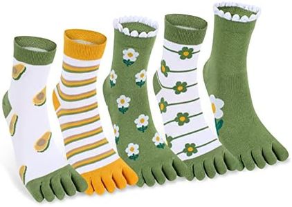 Benefeet Sox Toe Socks Women Men Cute Cat Five Finger Socks for Girls Colorful Cotton Ankle Athletic Running Socks with Toes, Flower Avocado Toe-5pack, One Size